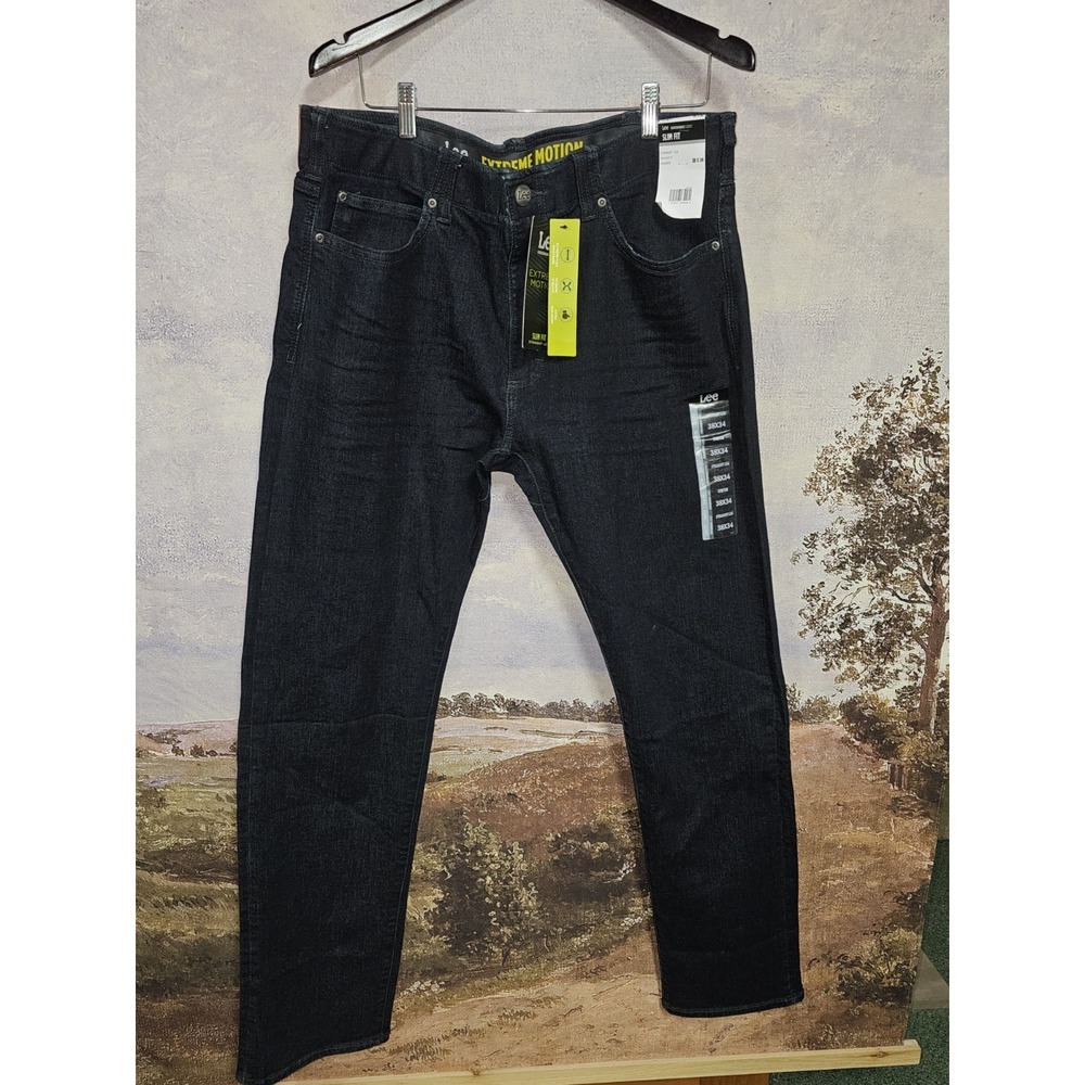 LEE EXTREME MOTION JEANS STRETCH DARK BLUE RINSE WASH STRAIGHT TAPER W38X34L